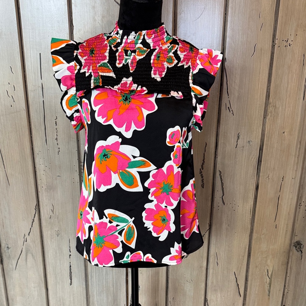 THML Black Floral Smocked Ruffle Cap Sleeve Top
